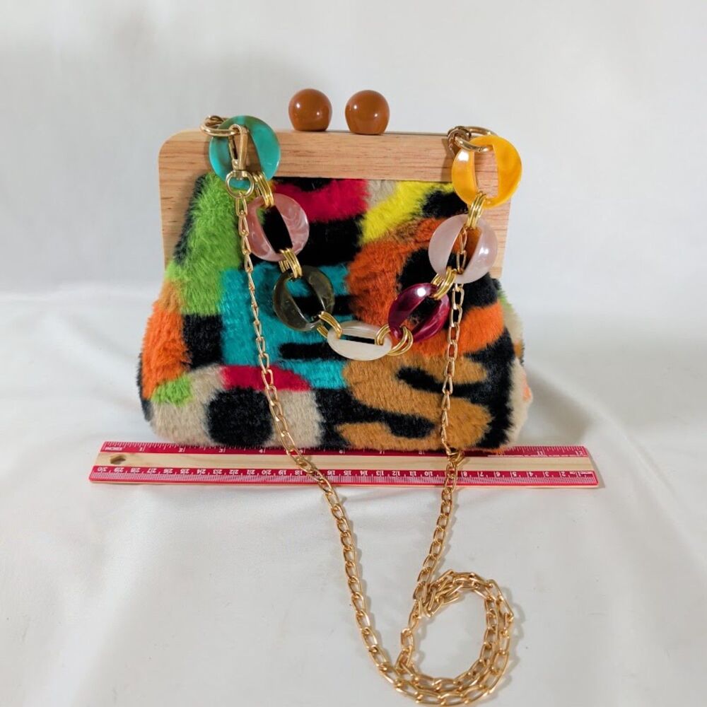 Wood Frame Faux Fur Clutch Purse Colorful Acrylic Chain Crossbody Handbag